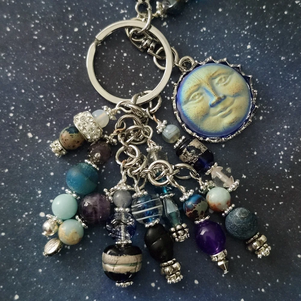 Celestial Moon Purse Charm or Keychain  Agate Stone Glass Handcrafted - Picture 3 of 6